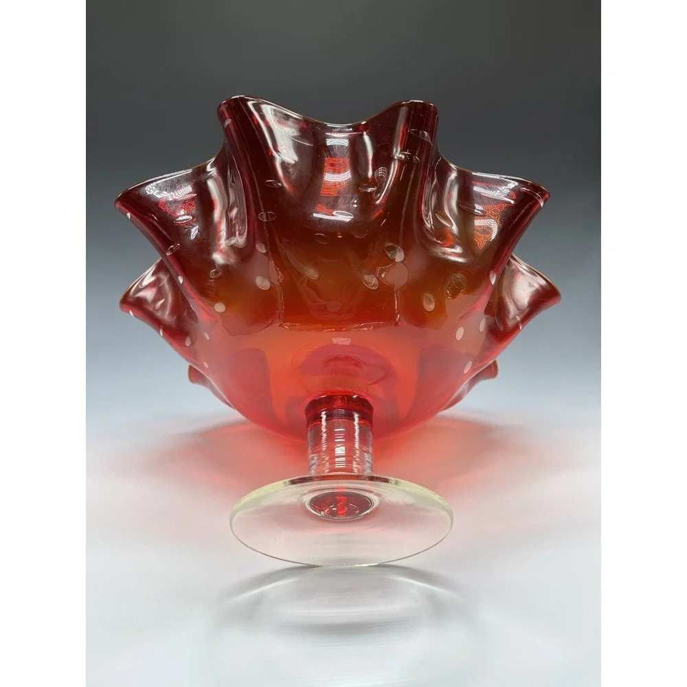 Vtg Bischoff Amberina Ruffled‎ Compote Bowl Bubbles Glass Clear Stem Banana Boat